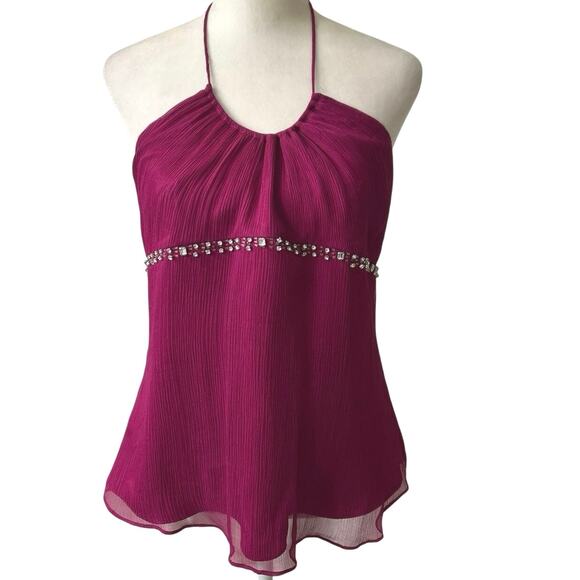 Express Y2K Silk Magenta Pink Embellished Babydoll Halter Top Medium - Picture 1 of 11